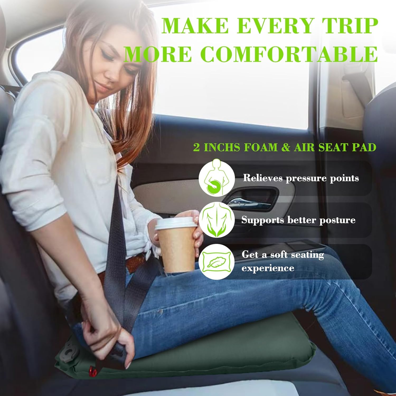 Inflatable Seat Cushion, Self-Inflating Memory Foam Stadium Seats Cushion Portable Camping Air-Foam Sitting Pad for Travel Airplane Car Bleachers Backpacking Office, Lightweight & Compact