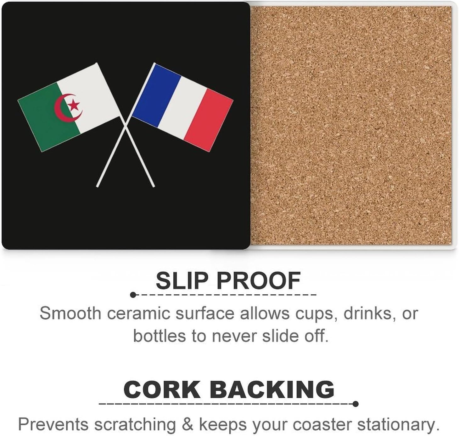 Algerian French Friendship Flag Funny Ceramic Coasters for Drinks Absorbent Cup Holder Tabletop Protector with Cork Base