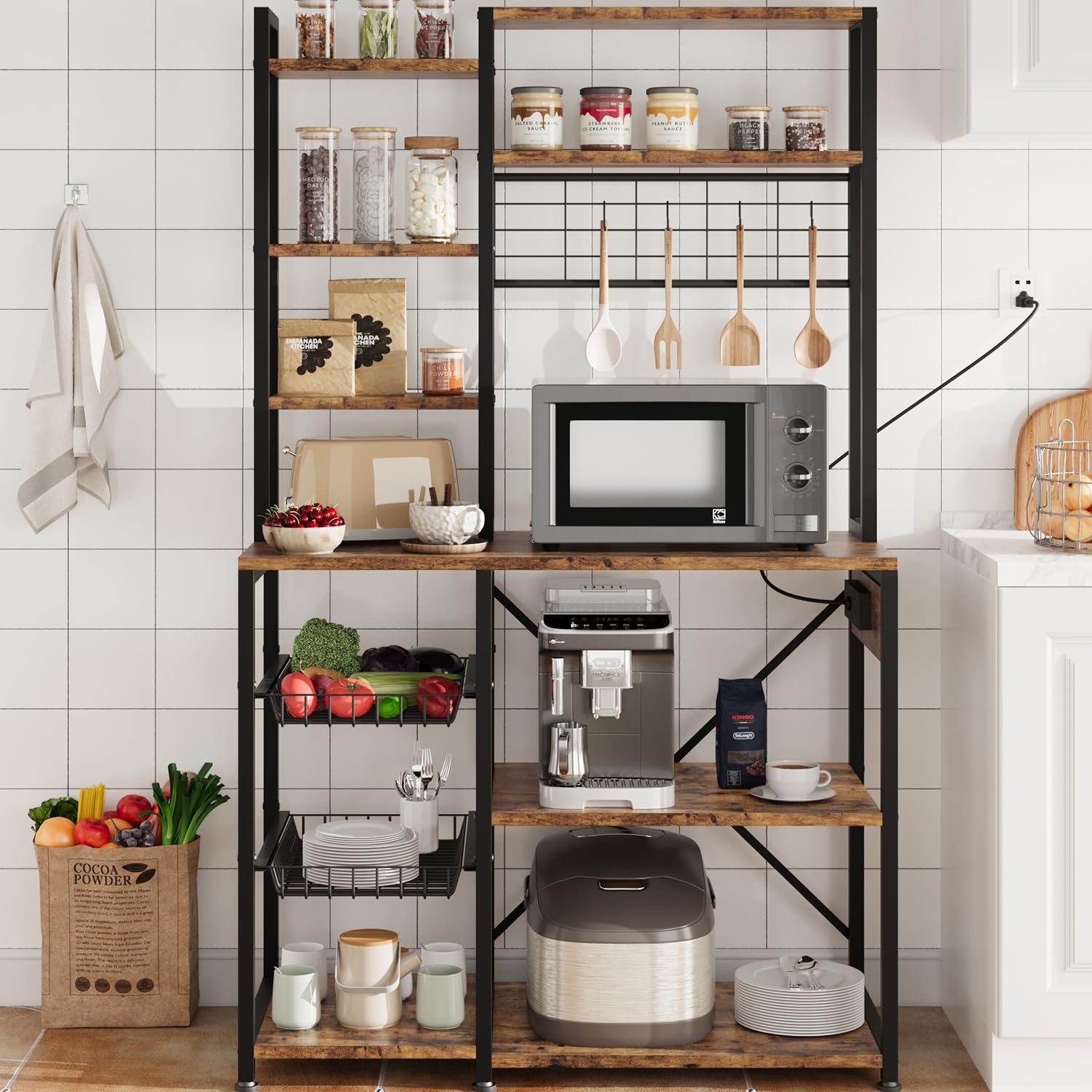 GAOMON Baker Rack with Power Outlet, Kitchen Bakers Rack with 2 Wire Basket, Microwave Stand with Large Open Storage Shelves, 7-Tier Freestanding Utility Storage Shelf, Retro Brown