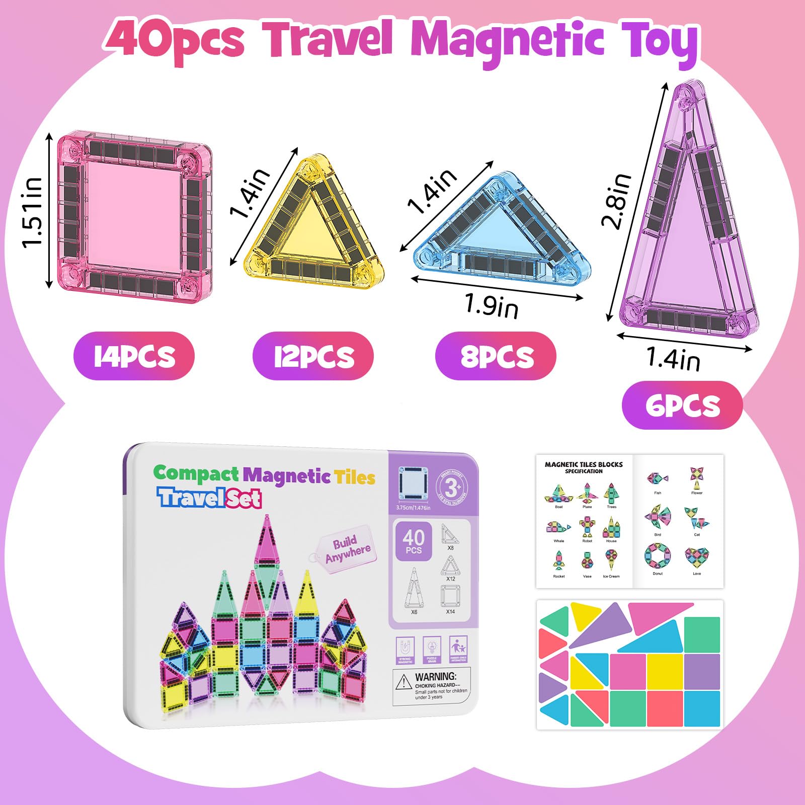 viaggio mattonelle magnetiche Giocattoli| 40 pezzi mini di blocchi magnetici da viaggio Giocattoli STEM Montessori magnetici per Ragazzi Ragazze 3+ anni