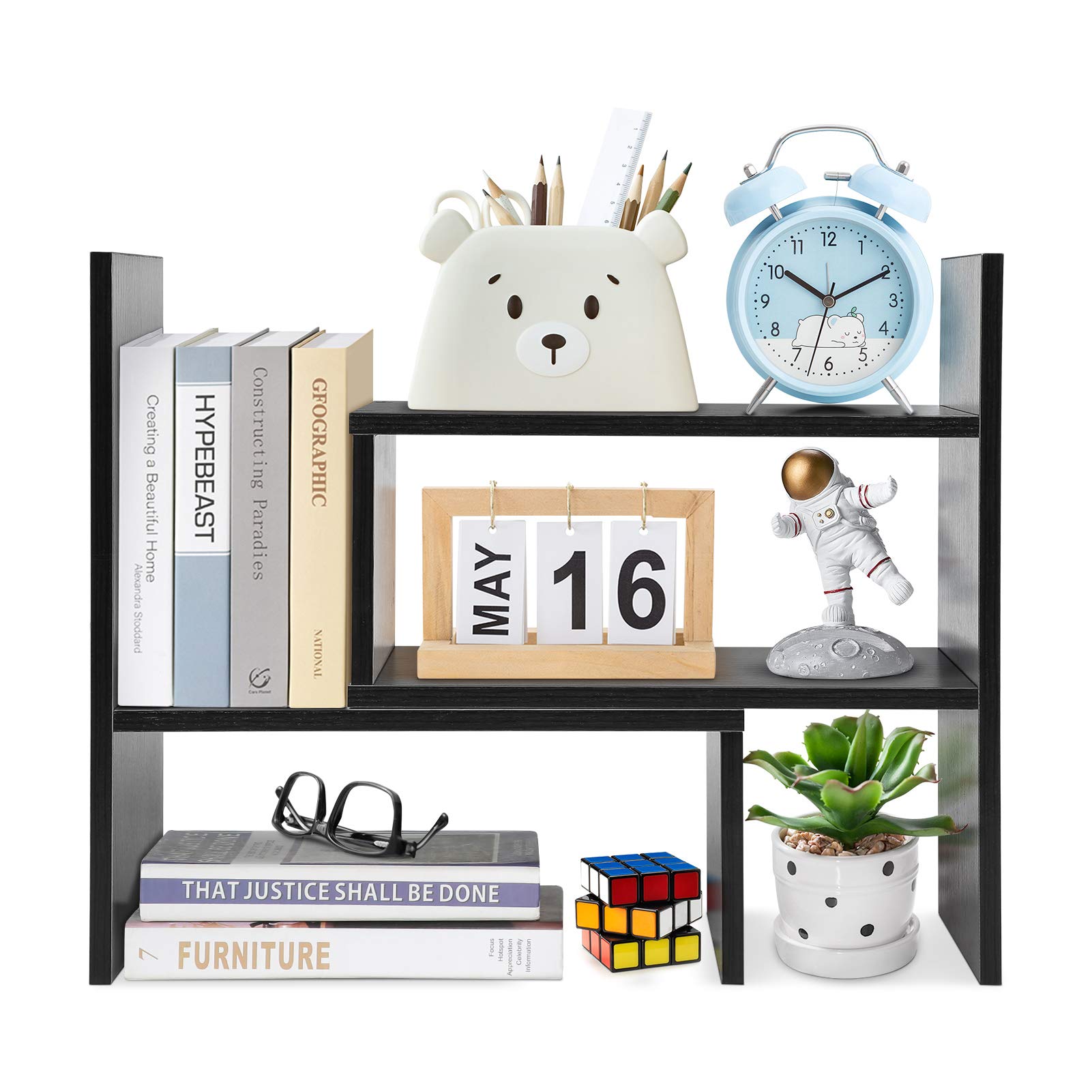 Étagère de Rangement de Bureau Réglable, Organisateur de Comptoir, Bibliothèque pour Livres, Fournitures de Bureau avec Assemblage Facile (Noyer Noir)