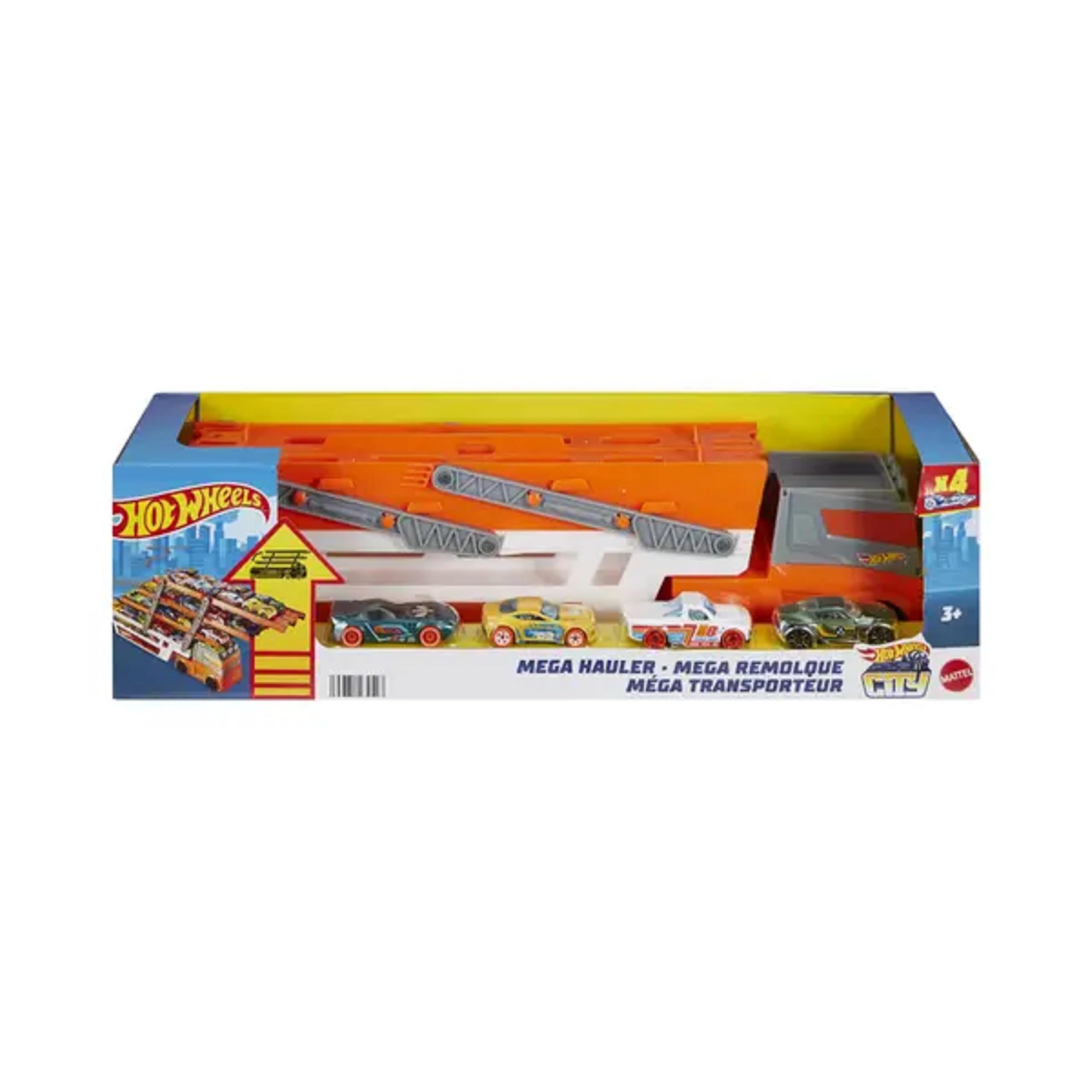 Hot Wheels HW Mega Hauler 4 Fahrzeuge Maßstab 1:64 Die-Cast Cars, Erweiterbare Ebenen & Rennbahn, Rot & Orange, skurriler Stil, ab 3 Jahren