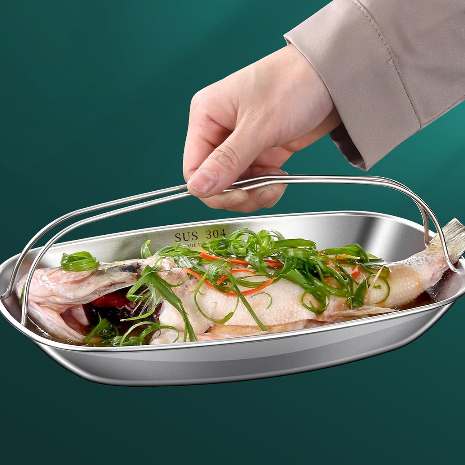 Stainless Steel Steaming Plate with Double Handle Fish Serving Tray Dish for Everyday Family Dinners Social Gatherings Fish Steaming Plate