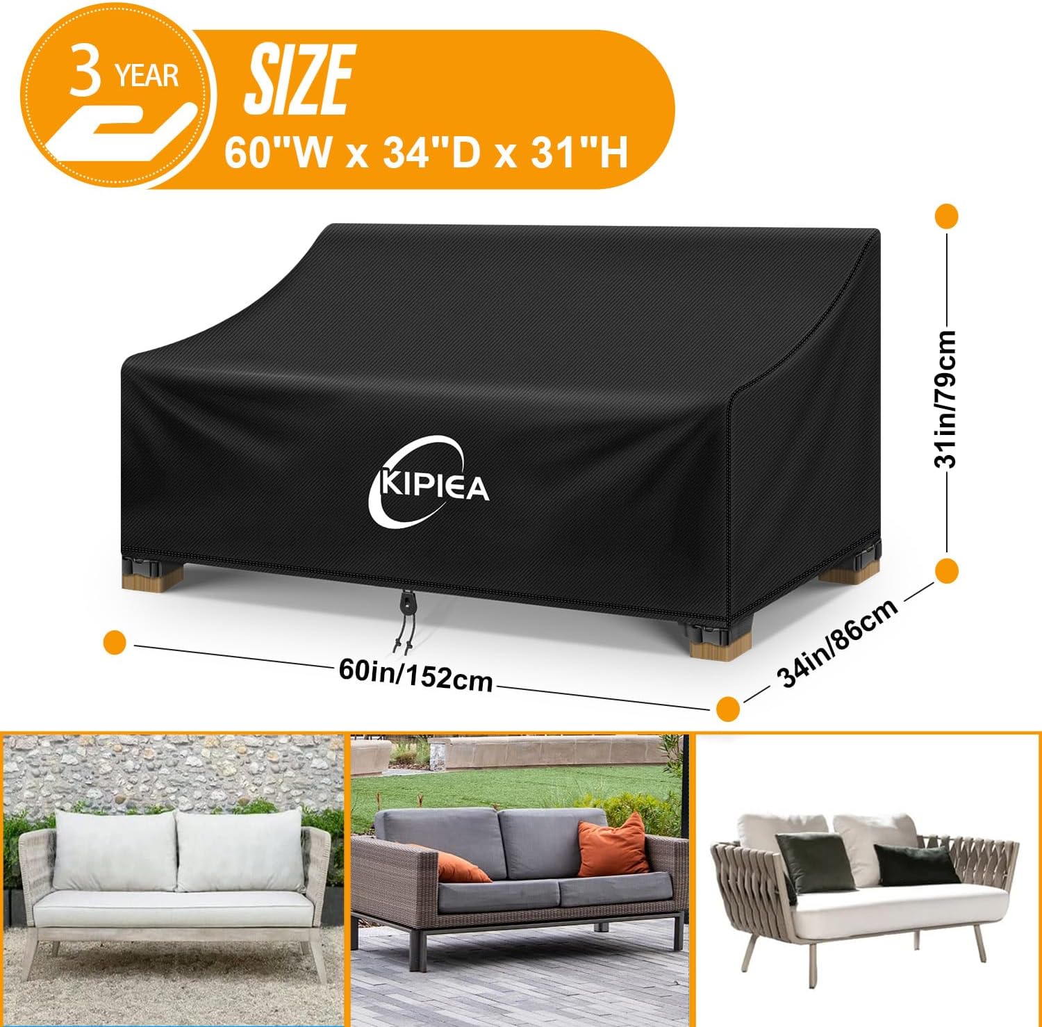 Kipiea Patio Sofa Cover, Heavy Duty Outdoor Couch Covers Waterproof Winter, 2-Seat Patio Furniture Cover Loveseat, Outdoor Sofa Covers with Anti UV and No Tears, No Fading (60"W x 34"D x 31"H) - Image 2