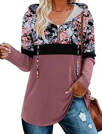 BETTE BOUTIK Womens Quarter Zip Tunic Hoodies Pullover Long Hooded Sweatshirts S-3XL