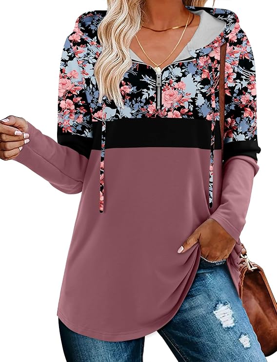 BETTE BOUTIK Womens Quarter Zip Tunic Hoodies Pullover Long Hooded Sweatshirts S-3XL