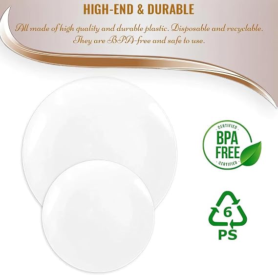 Elegant White Organic Round Disposable Plastic Dinner Plates (10.25) - 10 Pack, Premium Quality Plates - Perfect For Weddings, Parties & Events