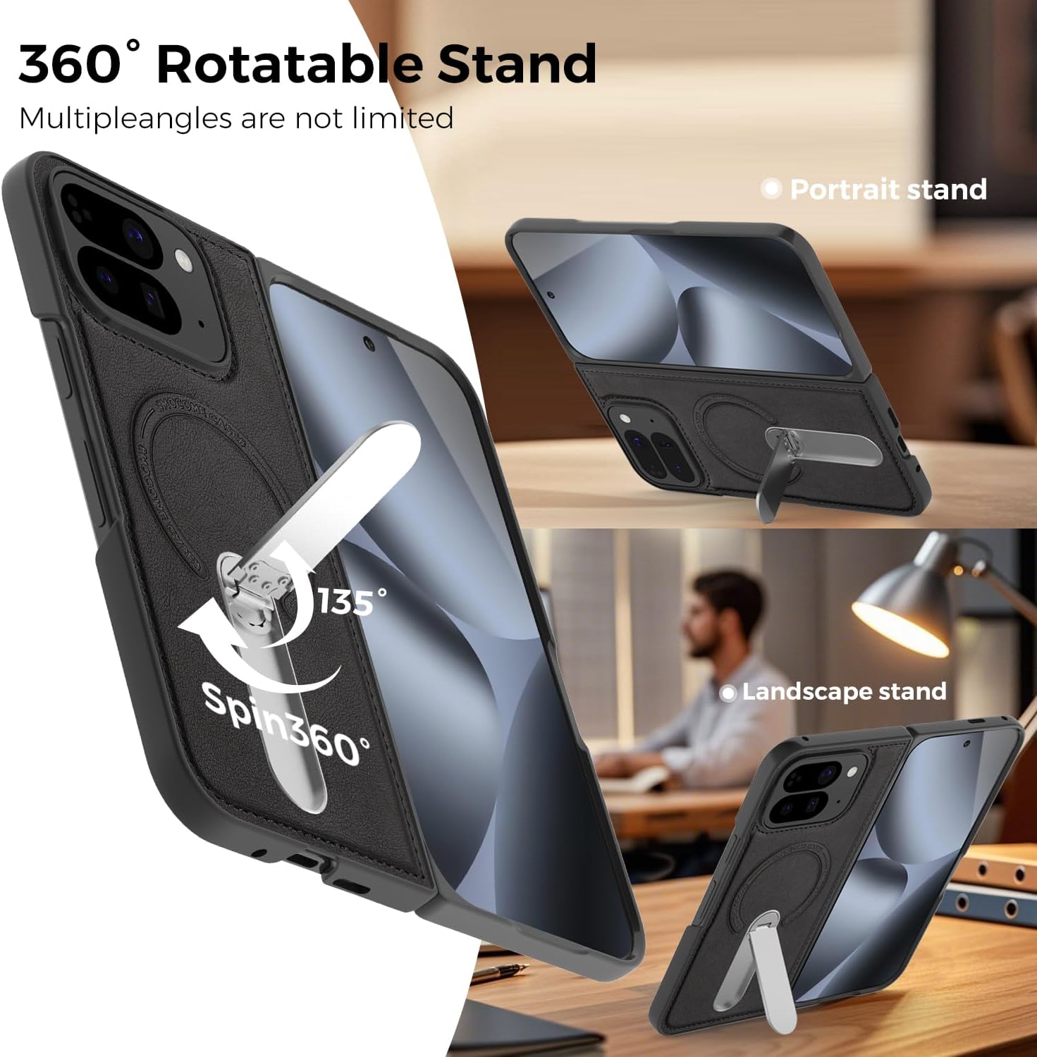 Magnetic for Google Pixel 9 Pro Fold Case with Invisible Metal Stand, [Compatible with Magsafe] Slim Luxury Leather Anti Slip Mil-Grade Drop Shockproof Protection Case, Black