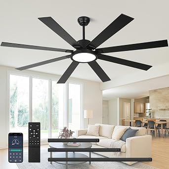 72 inch Ceiling Fans with Lights and Remote Control,Indoor/Outdoor Large Modern Ceiling Fan with 8 Blades, 3CCT, 6-Speed,Black Ceiling Fan for Patios/Garage/Shop/Living Room