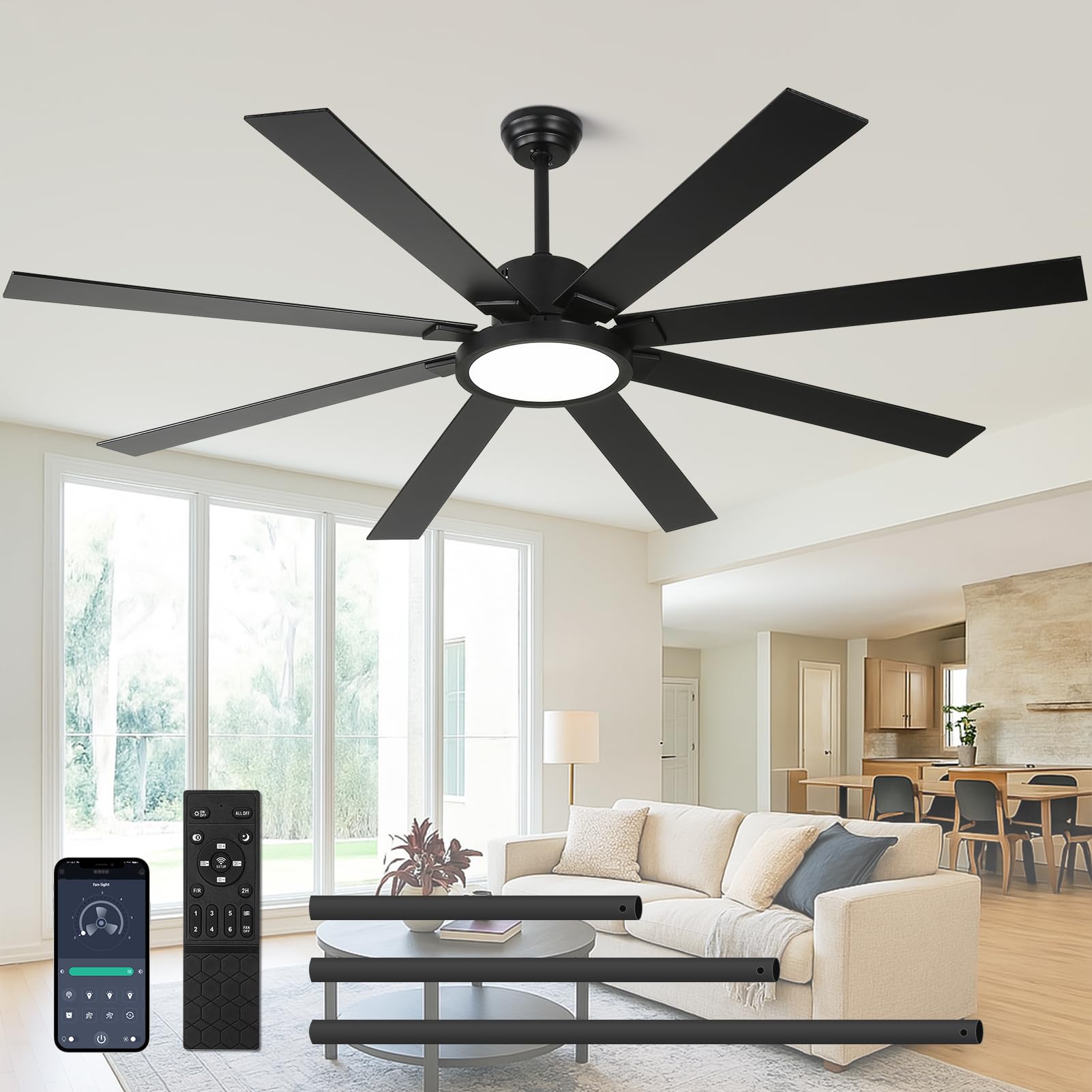 Fanyamei 72 inch Ceiling Fans with Lights and Remote Control，Indoor/Outdoor Large Modern Ceiling Fan with 8 Blades, 3CCT, 6-Speed,Black Ceiling Fan