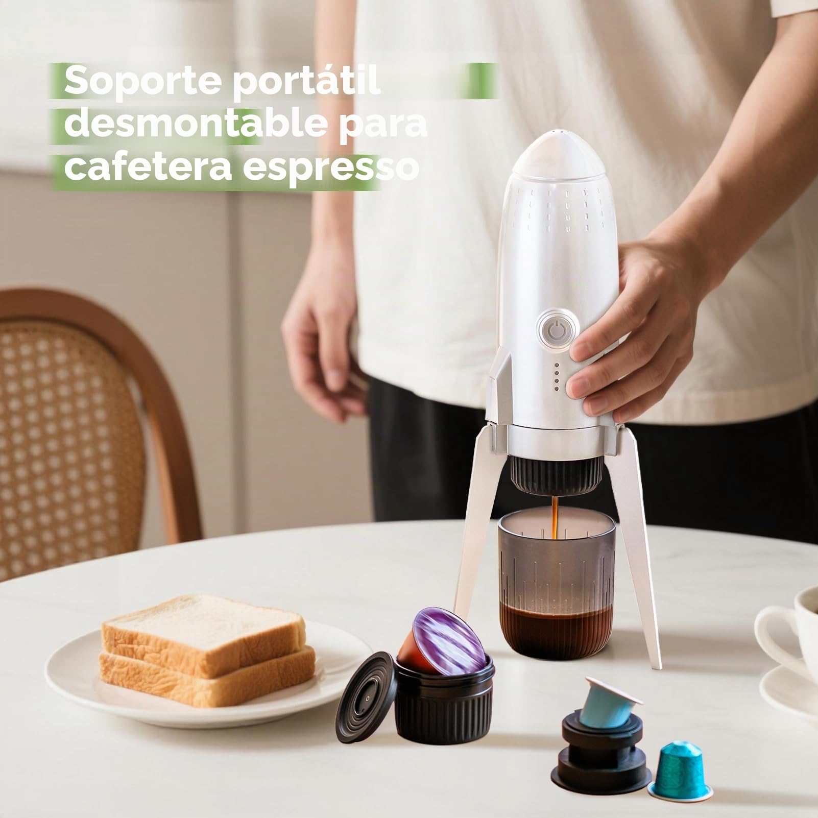 Cafetera expreso portátil 3 en 1 para llevar, cafetera expreso eléctrica autocalentable, mini cafetera para viajes, camping/senderismo, para café molido y cápsulas NS/DG, color blanco