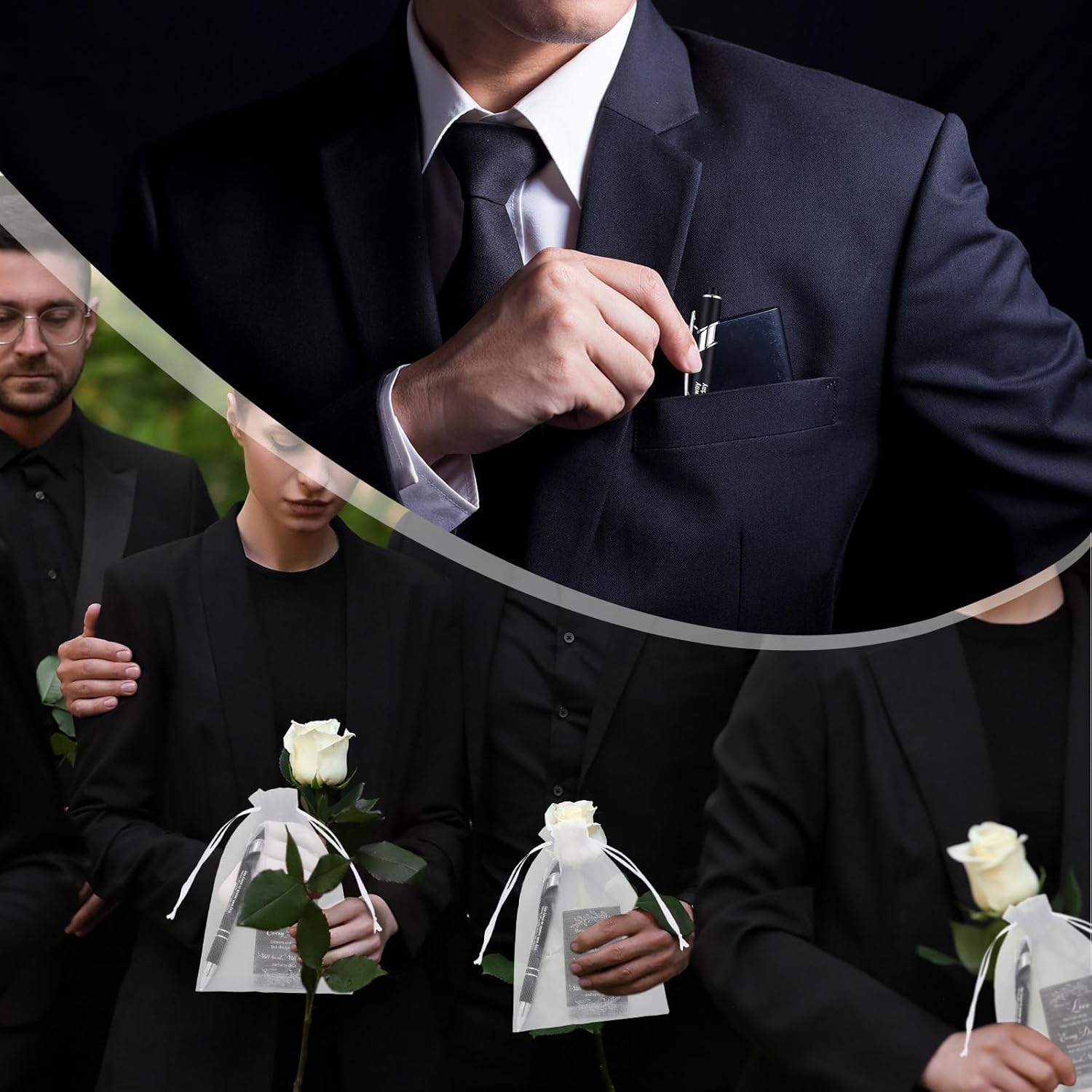 Yeaqee 150 Pcs/50set Funeral Favor for Guests Memorial Service Celebration of Life Favors Include Ballpoint Pens Poem Cards Organza Bags Sympathy Condolence Bereavement Gift(Black,Elegant)