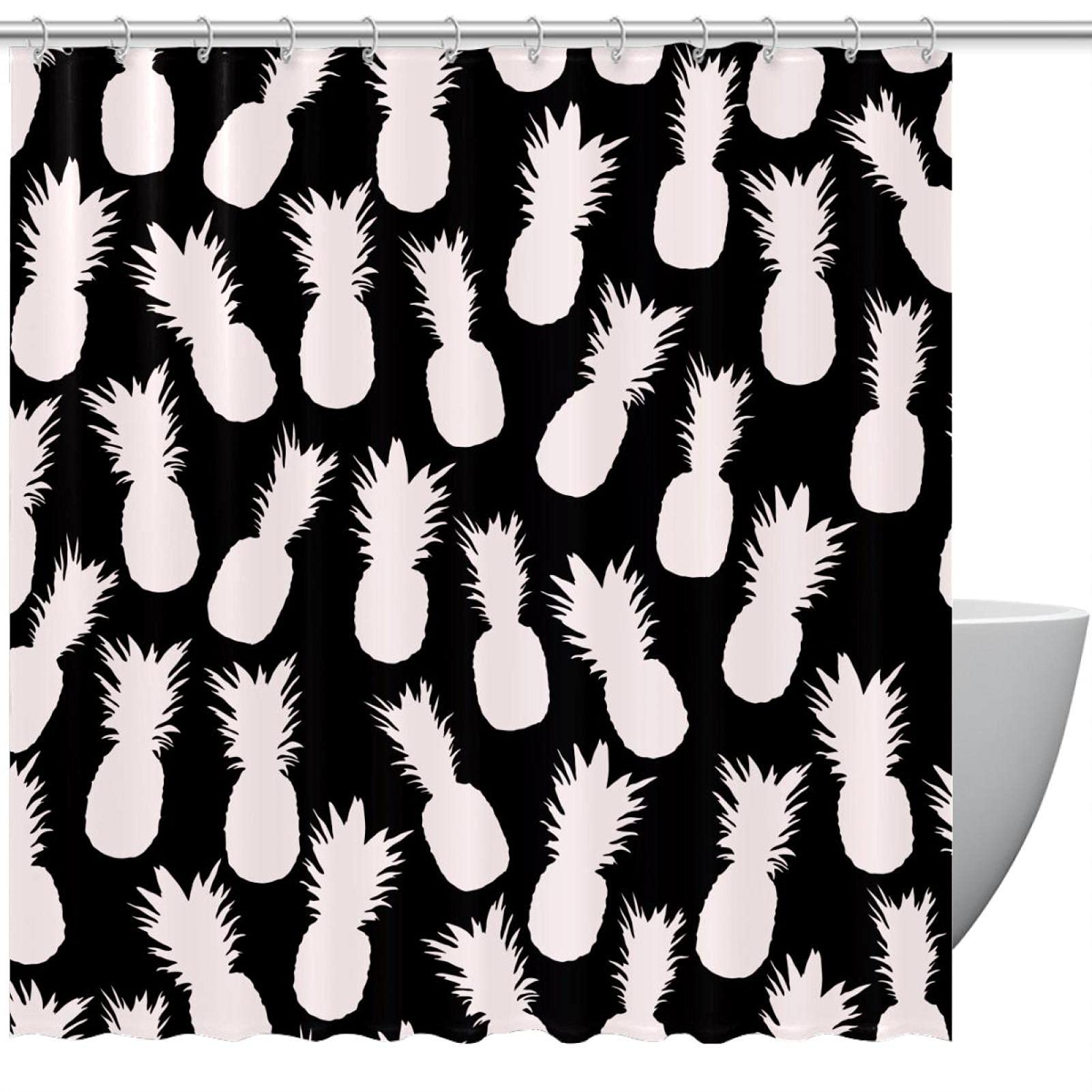 Rideau de douche motif ananas en tissu imperméable avec anneaux de fixation
