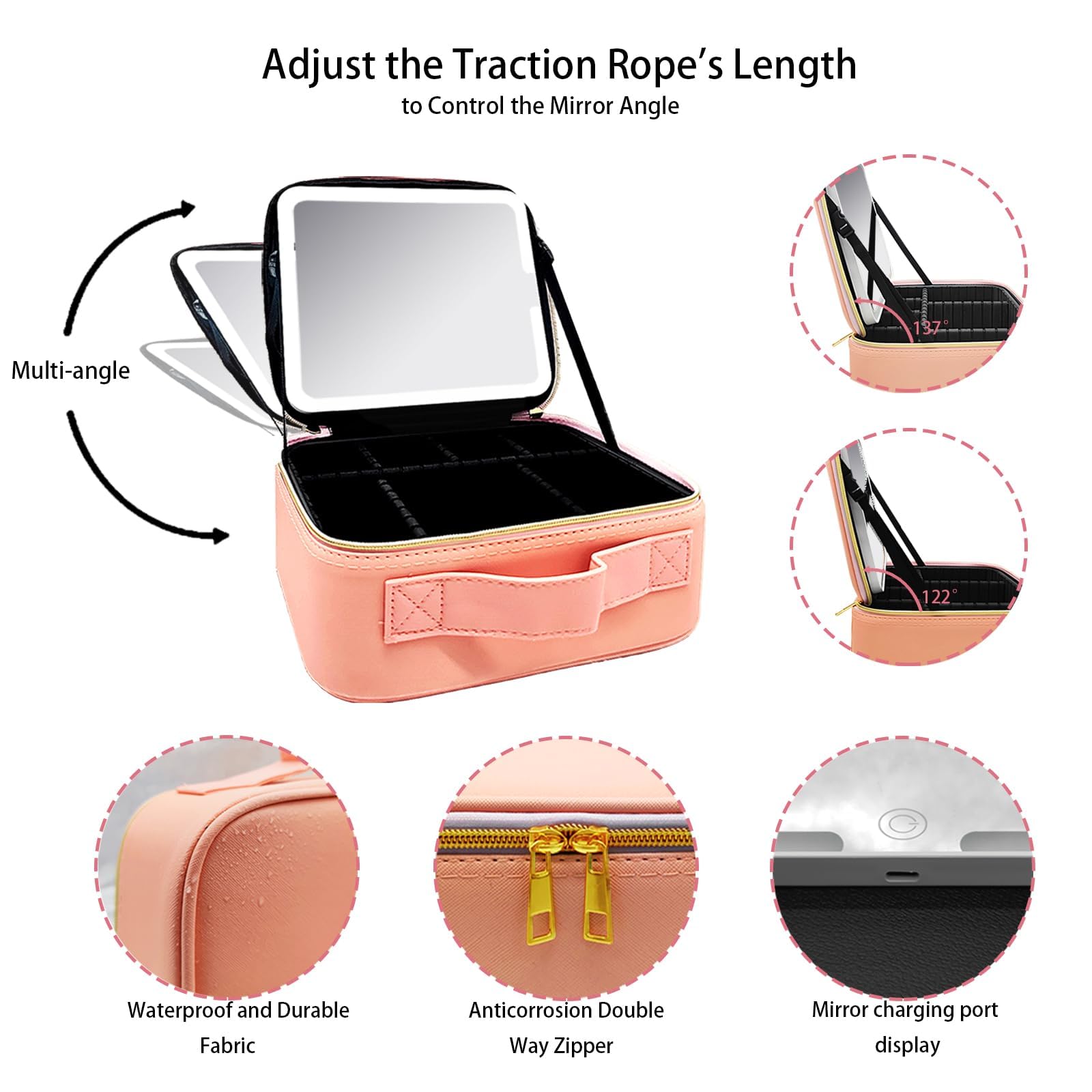 Make up Tasche mit Spiegel，Travel Makeup Bag mit 1/10x Spiegel und 3 Farbe Licht，Make up Organizer Tasche mit Aufbewahrung von Make-up-Pinseln, Makeup Organizers für Frauen(Rosa Leder)