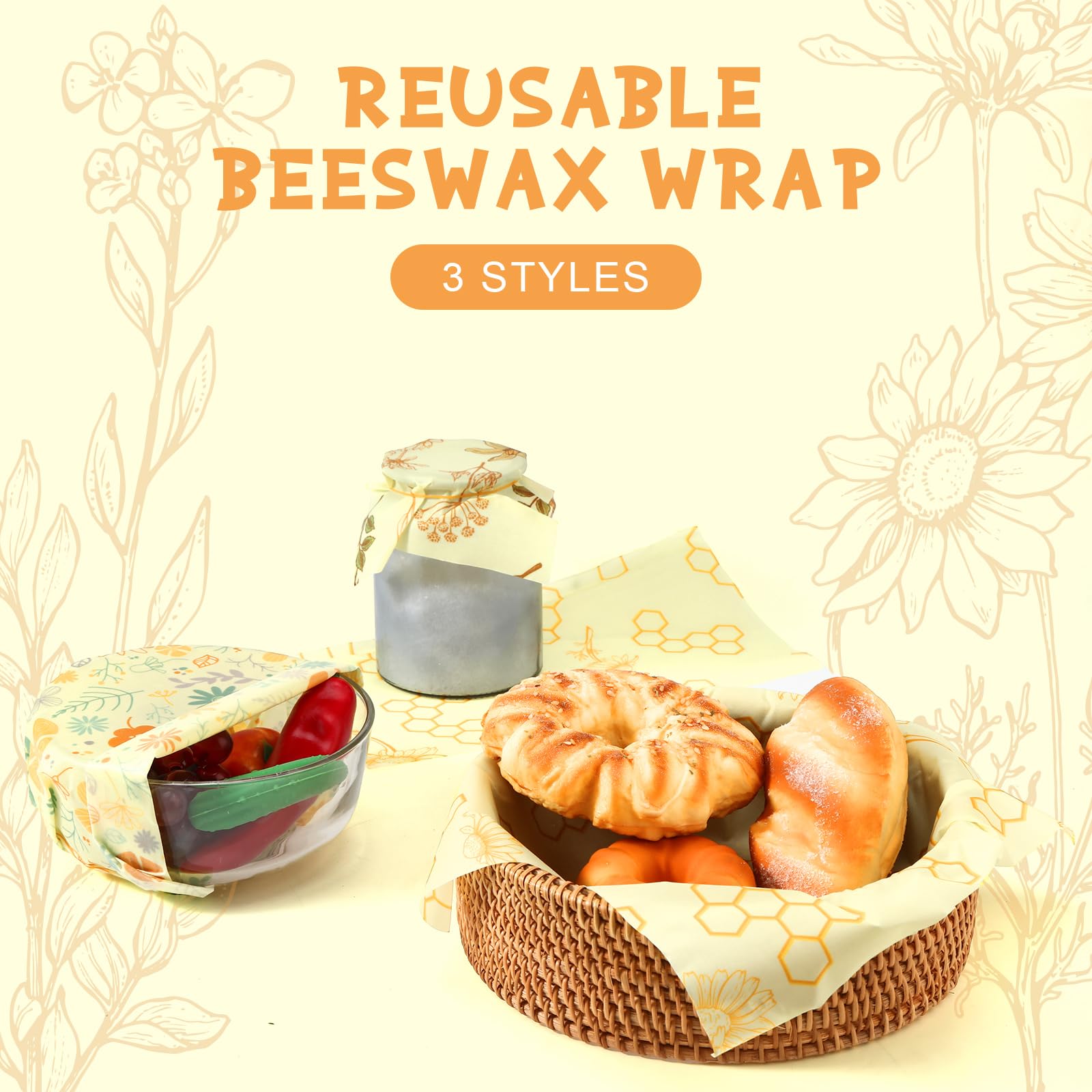3 rollos de cera de abeja reutilizables de 13 x 177 pulgadas, envolturas de cera de abeja de algodón orgánico para alimentos, surtido floral, panal, reutilizable, envoltura de sándwich para