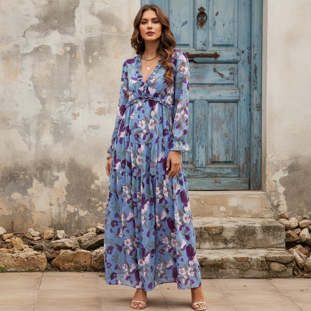 Women's Boho Floral Long Sleeve Maxi Dress, Deep V Neck Empire Waist Flowy Chiffon Dress for Wedding/Vacation/Party - Image 6