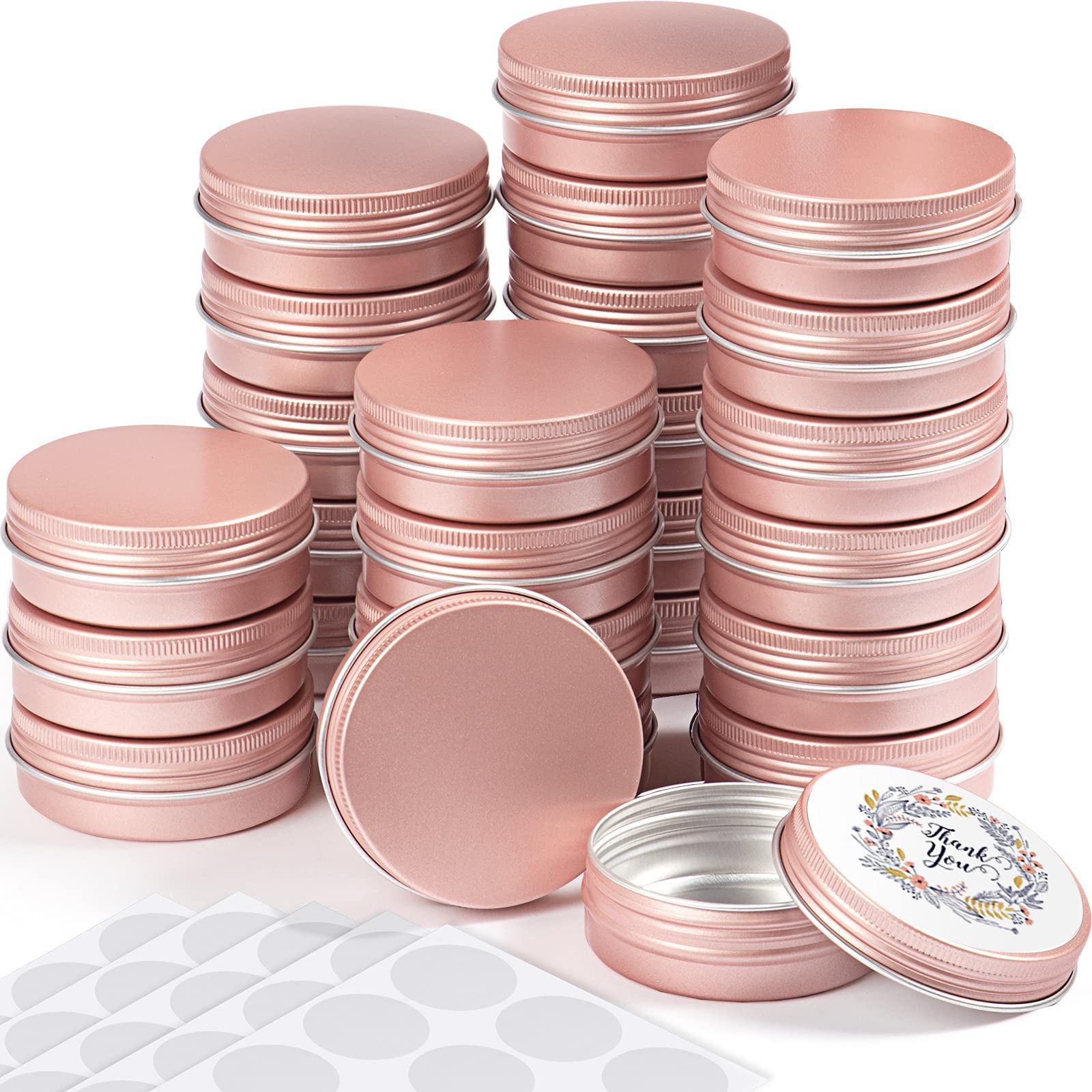 Patelai 120 barattoli rotondi in metallo da 56,7 g, contenitori in alluminio con coperchio a vite, 20 fogli adesivi per salve spezie, caramelle, balsami e candele (oro rosa)