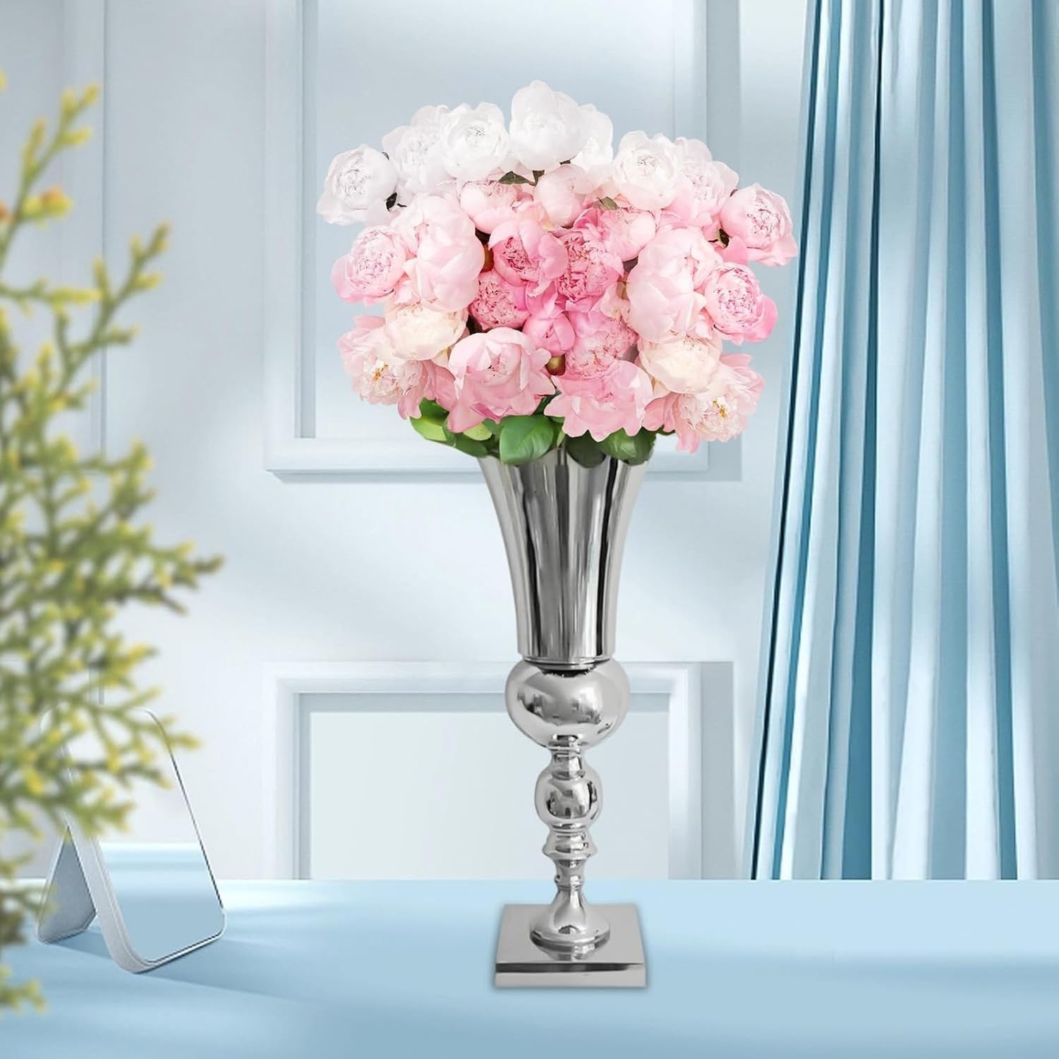 Vaso Fiori in Ferro Argento, Portacandele in Metallo Tromba Fioriera Candelabro da Tavolo con Candela per Matrimonio, Centrotavola per Eventi, Feste, Casa, Sogg, 50cm