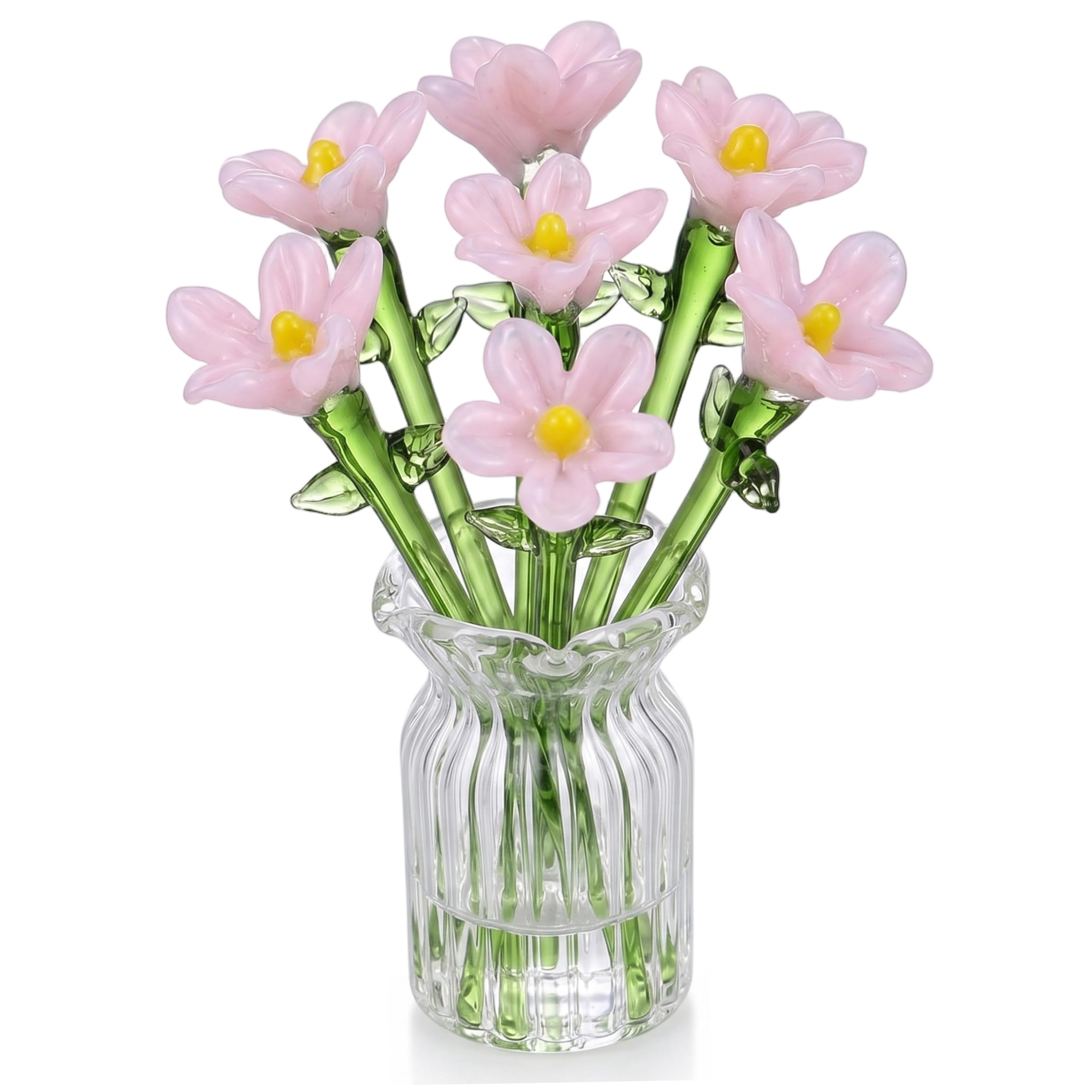 Sjfbebsy 7-Piece Mini Glass Flowers in Vase Handcrafted Rose Floral Bouquet with Stems Desktop Decor, Tiny Glass Flowers in Vase