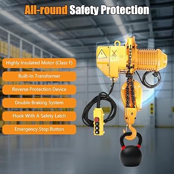 1 Ton Electric Chain Hoist Single Phase 2204Lbs 10ft Lift Height Double Chain with Electric Hook Lift Ceiling Mount Pulley Electric Winch G80 with Wired Controllerler 110V for Warehouse Factories