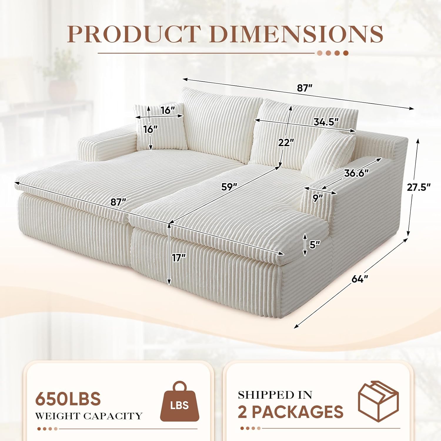 87-inch Chaise Lounge Sofa, Oversized Loveseat Modern Corduroy Upholstered Cloud Comfy Boneless Foam Floor Compressed Deep Seat Sleeper Sofa Couch with Pillows for Living Room Bedroom Office, Beige