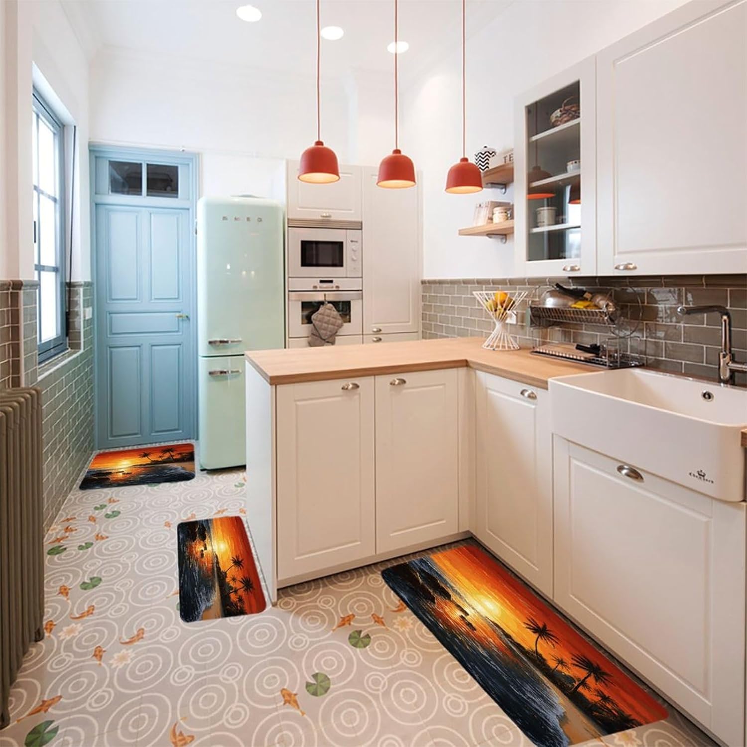 Palm Tree Sun Landscape Kitchen Rugs Set of 3 Non Slip Washable Kitchen Mats for Floor Soft Area Rug Kitchen Floor Mat Cushioned Anti Fatigue Mats Standing Sink Mat Decor Runner Rugs