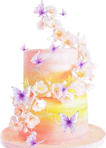 Unimall - Paquete de 30 de mariposas color morado en diferentes tamaños, adornos realistas de mariposas 3D para cupcakes y pasteles de niñas,