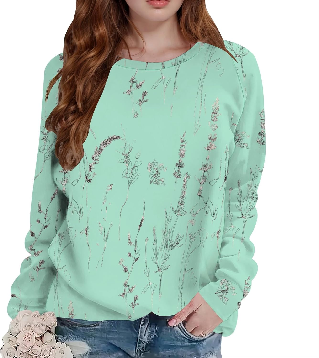 Womens Floral Printed Sweatshirts Fall Oversized Pullover Tops Long Sleeve Crewneck...