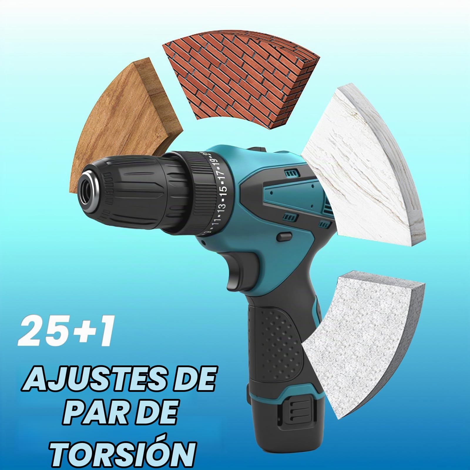 Atornillador con batería, 12V, más de 25 ajustes de torque, 2 velocidades, luz LED, diseño sin cable, pequeño atornillador de batería para paredes de perforación, madera