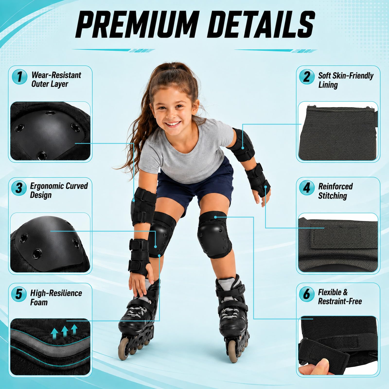 Ensemble de Protection 6 en 1 pour Enfants, genouillères, coudières, protège-Poignets avec Coque en polypropylène et Coussin EVA, Coussinets réglables pour Patinage à roulettes, Skateboard