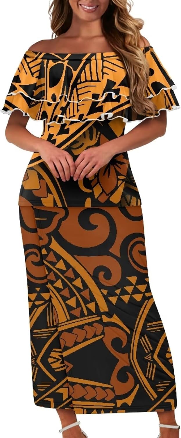 Samoa Couple Outfit Polynesian Dress for Women Traditional Puletasi Shirts for Men Strapless Ruffle Dresses