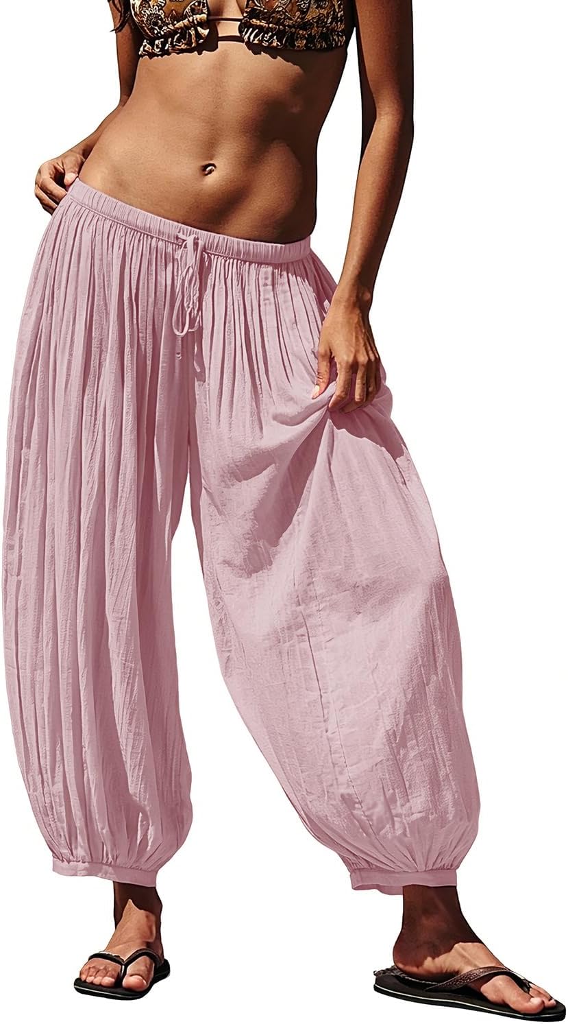 Senllen Women Linen Blend Baggy Pants Elastic Waist Lightweight Breathable 2026 Summer Casual Boho Beach Vacation Harem Pants