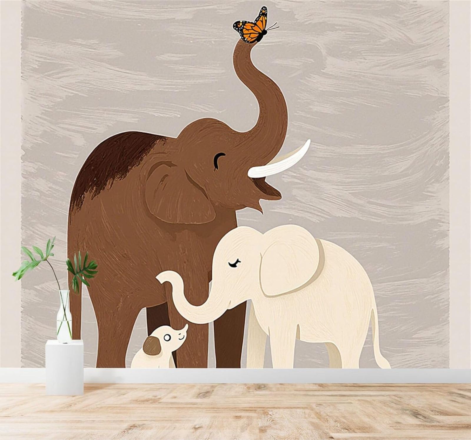 Xlming 400Cm×280Cm(B×H) Elephant Family Butterflies Puppy Minimalist Animals Art 3D Wallpaper Silky Texture Home Study Office Grey Dining Room Sofa Bedroom Living Room Tv Backdrop-400Cm×280Cm