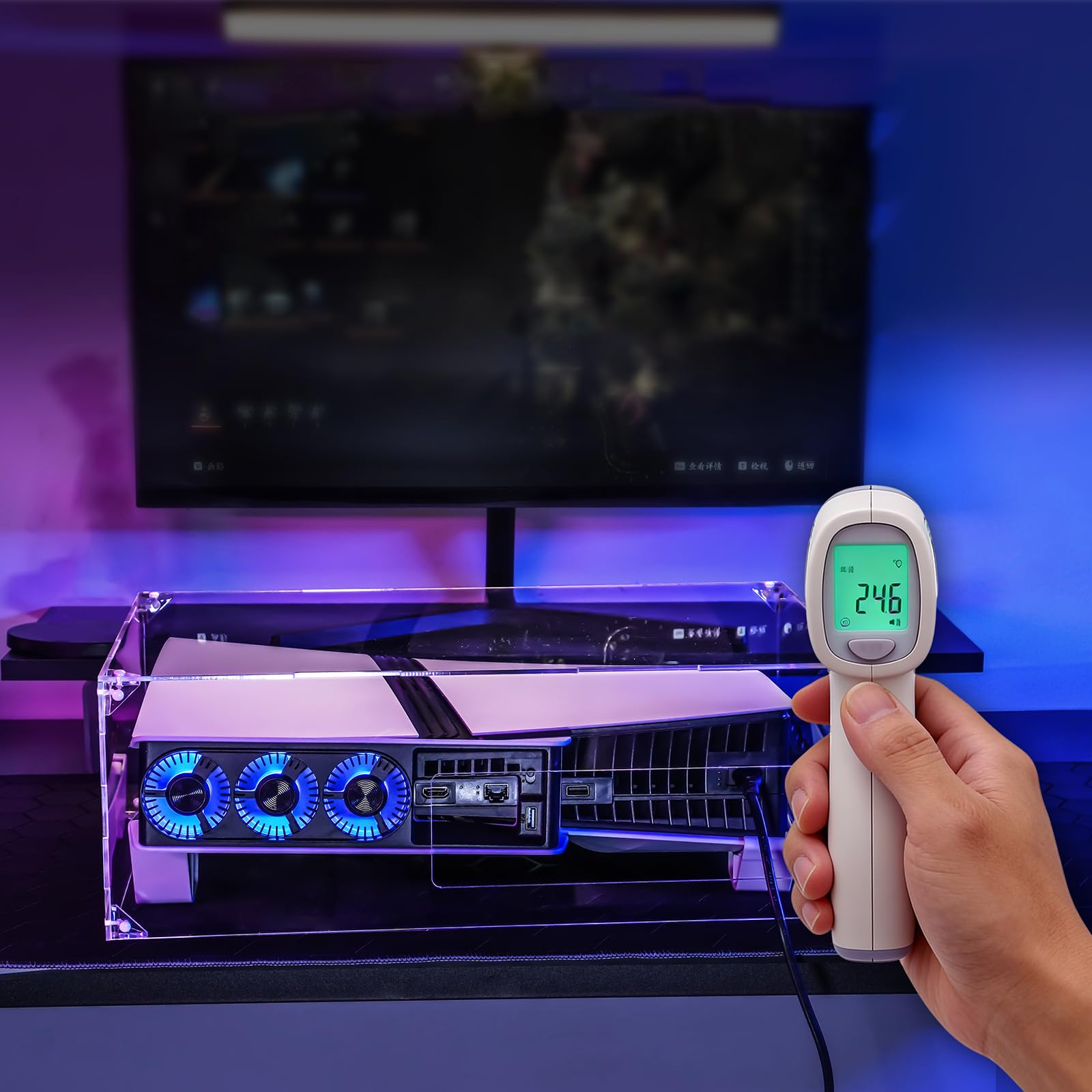 HTU Przezroczysta pozioma osłona przeciwpyłowa na konsolę do gier z akrylu, otwarty z boku, poziomy uchwyt wentylatora do 5 Pro/Slim Digital & Disc Edition