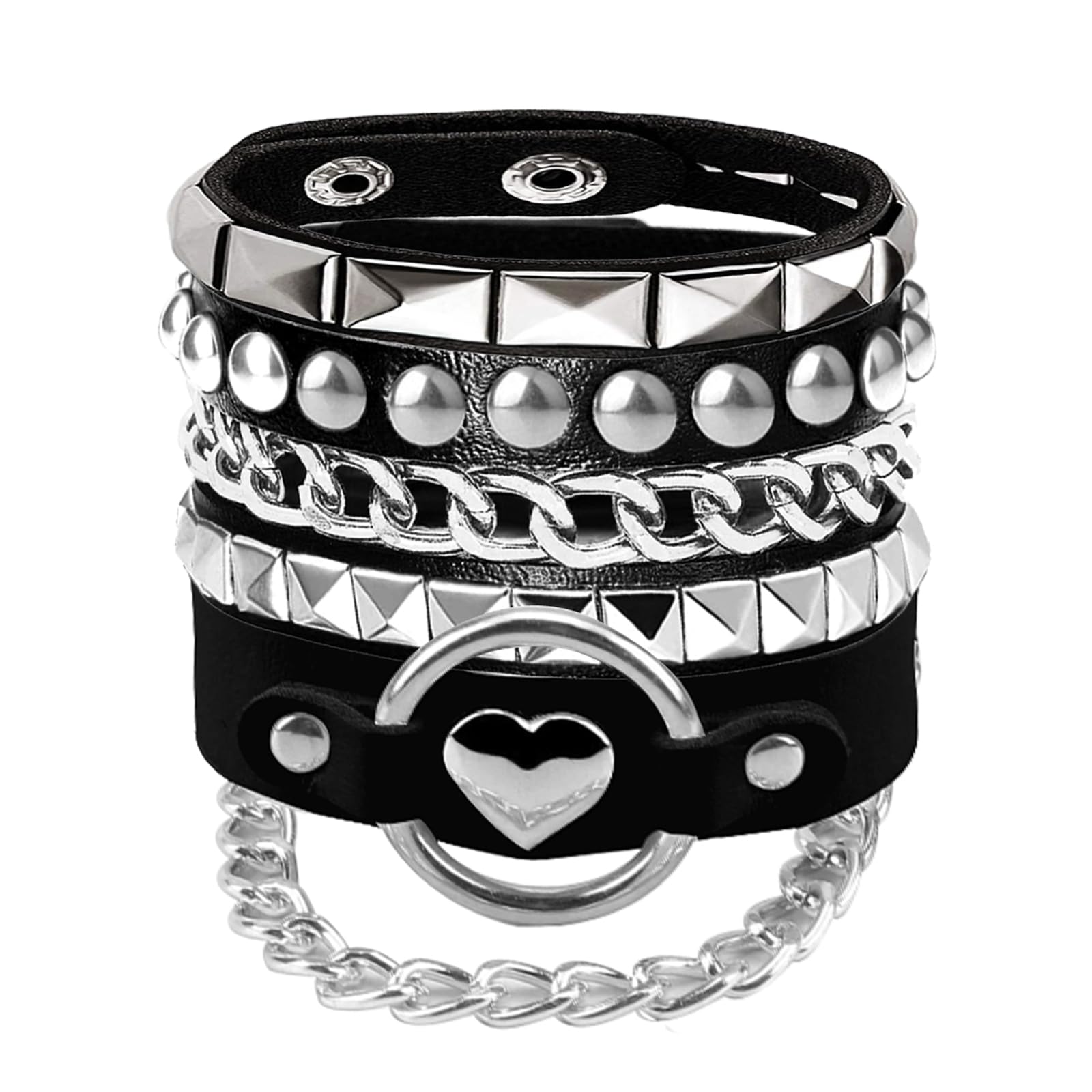 3Pcs Soft Leather Bracelets with Heart/Pyramid/Chain, Emo Punk Wrap Wrist Cuffs Jewelry Accessories Gothic Gift for Vintage Women