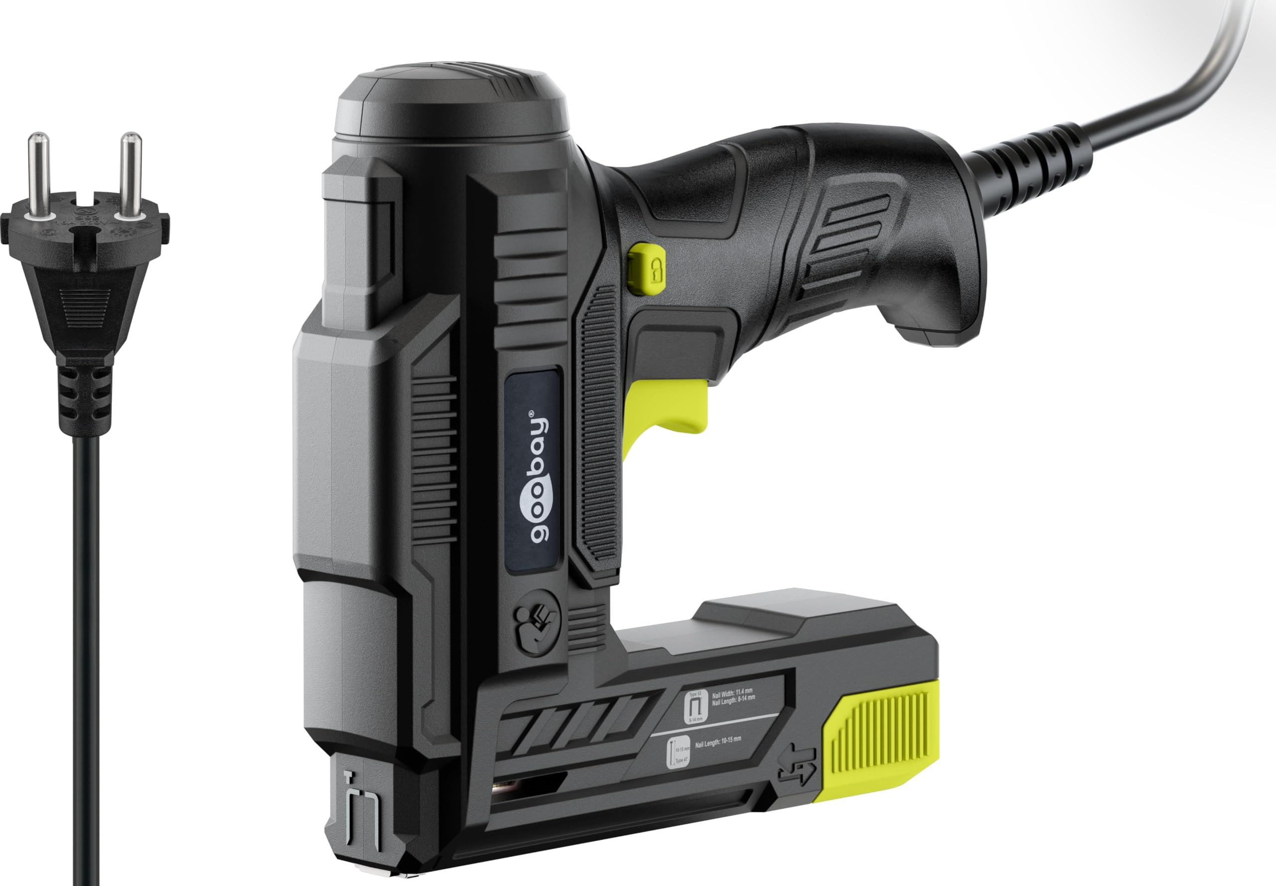 goobay 2 en 1 grapadora y clavadora eléctrica con cable, 70 W, incluye 400 grapas (10 mm) y 100 clavos (14 mm), cable de 2 m, ideal para tapicería, bricolaje y reparaciones domésticas, 77820