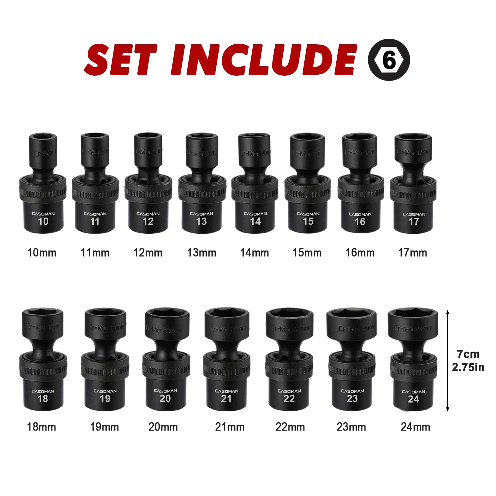 CASOMAN 15 PCS 1/2" Drive Standard Universal Impact Socket Set, 6 Point, CR-MO, Metric,10-24mm, Swivel Socket