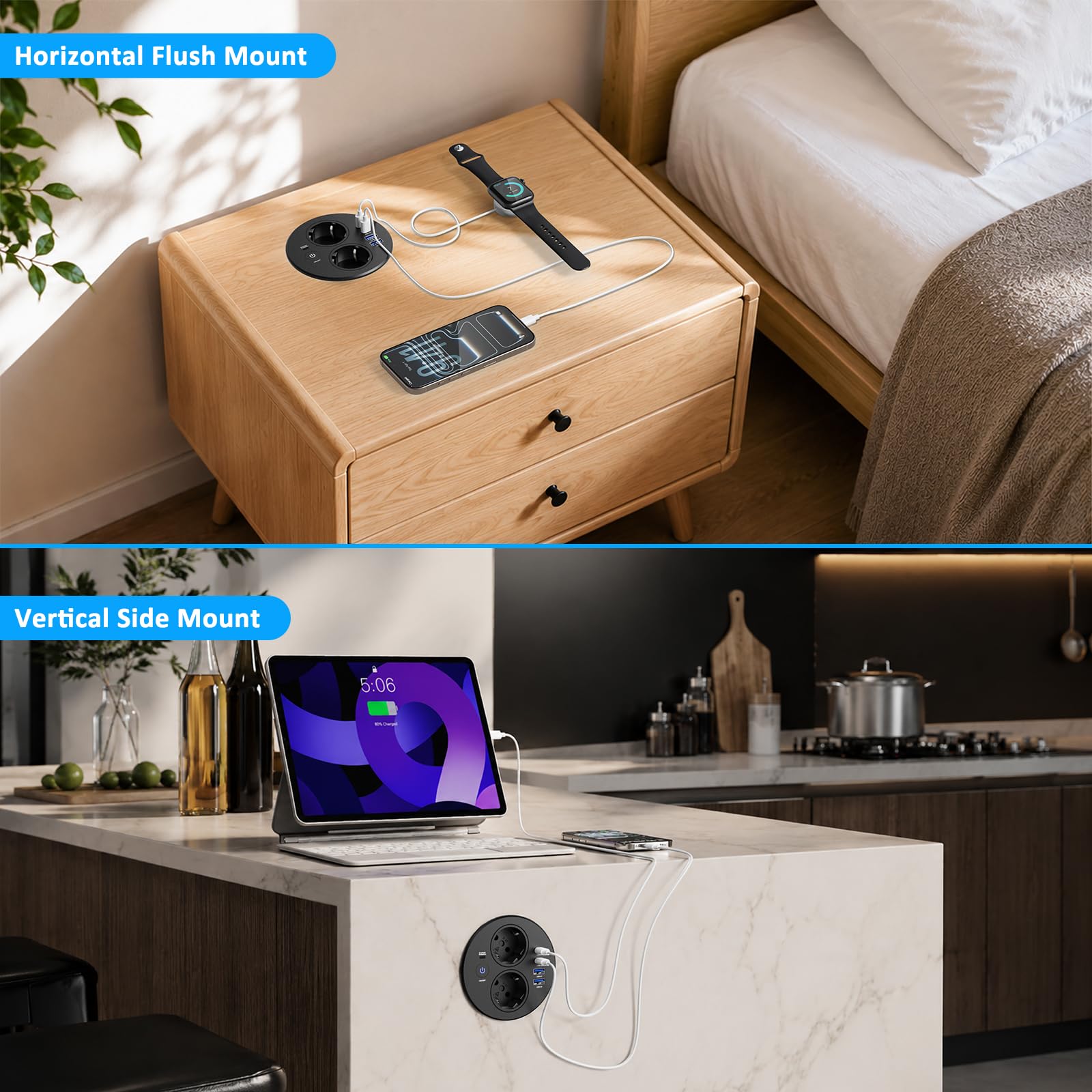 Alpheus Einbausteckdose mit Schalter, 2 Schuko, USB-C PD 20W, Ø100 mm | Einbau Steckdosenleiste, Tischsteckdose mit 4 USB, Arbeitsplatte Schreibtisch, Schwarz, 1,8 m Kabel