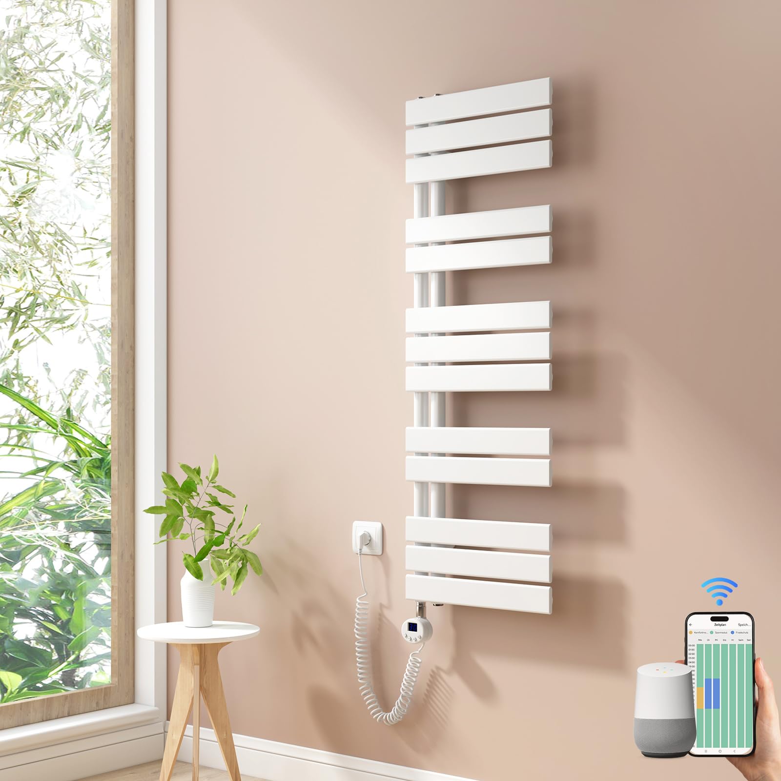 Heilmetz Toallero Eléctrico 1176x400mm Blanco con WiFi Smart, 600W, Secatoallas Plano Control por App Tuya, Alexa, Google Home, Radiador Baño Eléctrico