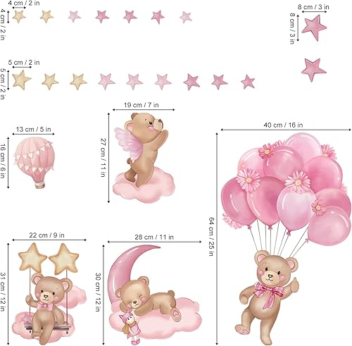 Miniatura 4 de wondever Calcomanías de pared de globo rosa con oso, globo aerostático, animales, nubes, estrellas, despegar y pegar, calcomanías artísticas de