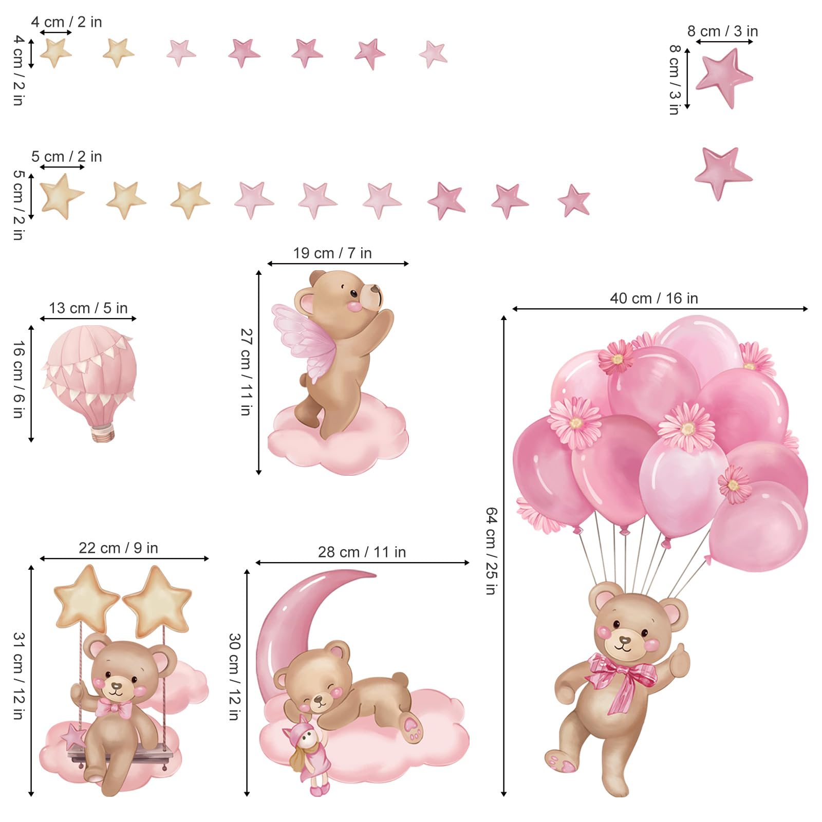 wondever Pink Balloon Bear Wall Stickers Hot Air Balloon Animals Clouds Stars Peel and Stick Wall Art Decals for Baby Nursery Kids Girls Bedroom - Image 4