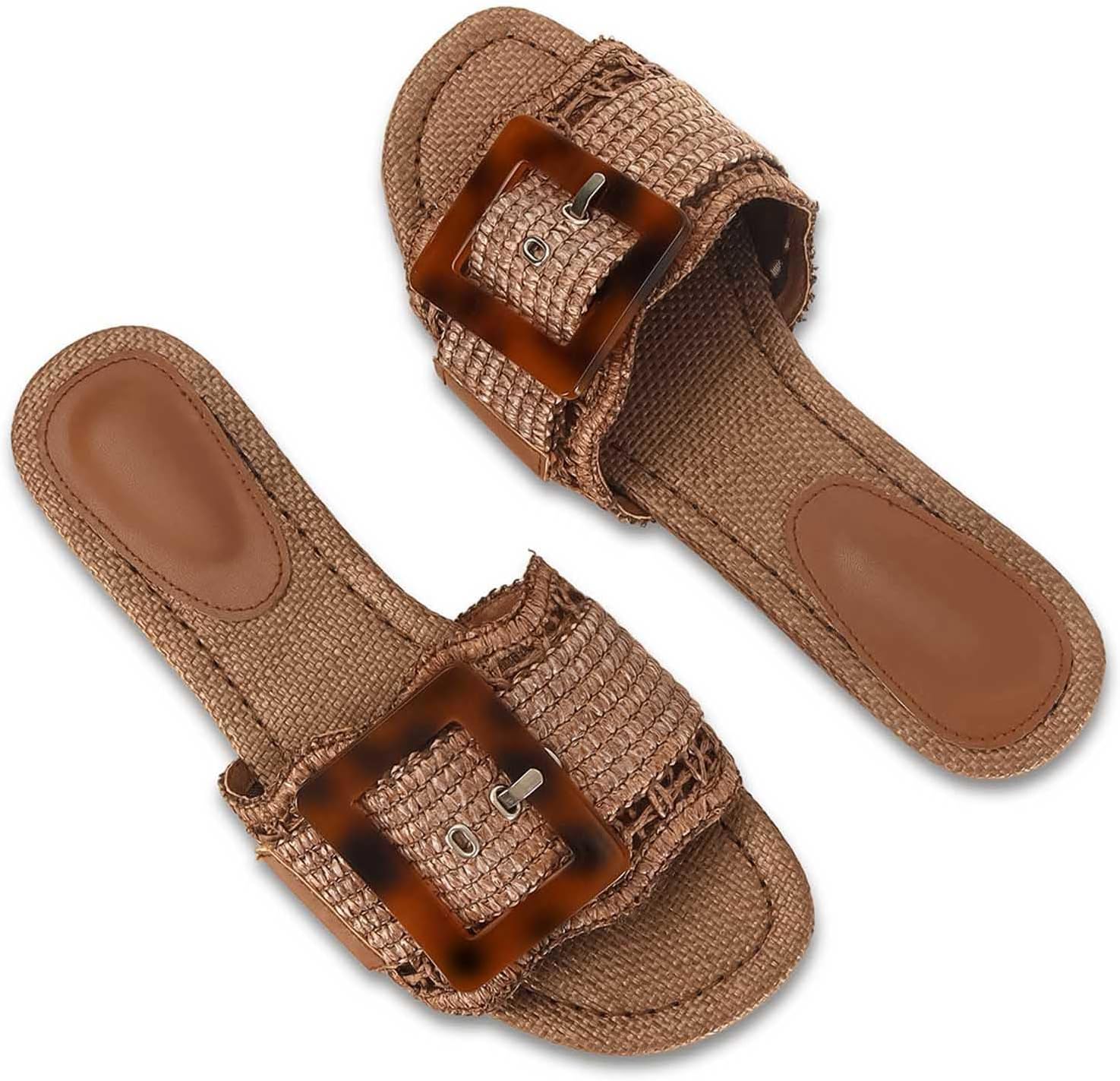 Raffia Sandals for Women Buckle Straw flats Woven Braided Rattan Slides Summer Beach Sandals Comfort Cute Shoes - Image 7