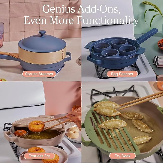 The Our Place Always Pan 2.0 is a versatile piece of cookware designed to replace multiple kitchen items with its multifunctional capabilities. Measuring 27cm in diameter and with a capacity of 2.5 liters, this nonstick pan is crafted to meet various cooking needs, combining the functionalities of a fry pan, sauté pan, steamer, skillet, saucier, saucepan, and more. It's constructed from lightweight, durable aluminum and coated with a non-toxic, ceramic-based nonstick surface, ensuring easy food release and straightforward cleaning. This design aims to minimize the kitchen clutter by doing the job of several pieces of traditional cookware.