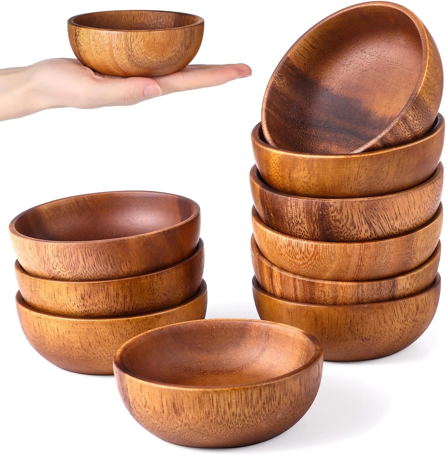10-Piece Round Small Wooden Bowls 3.9" x 1.4 in - Handmade Rustic Elegant Brown Bowl, Perfect for Serving Fruit, Desserts & Appetizers, Space-Saving