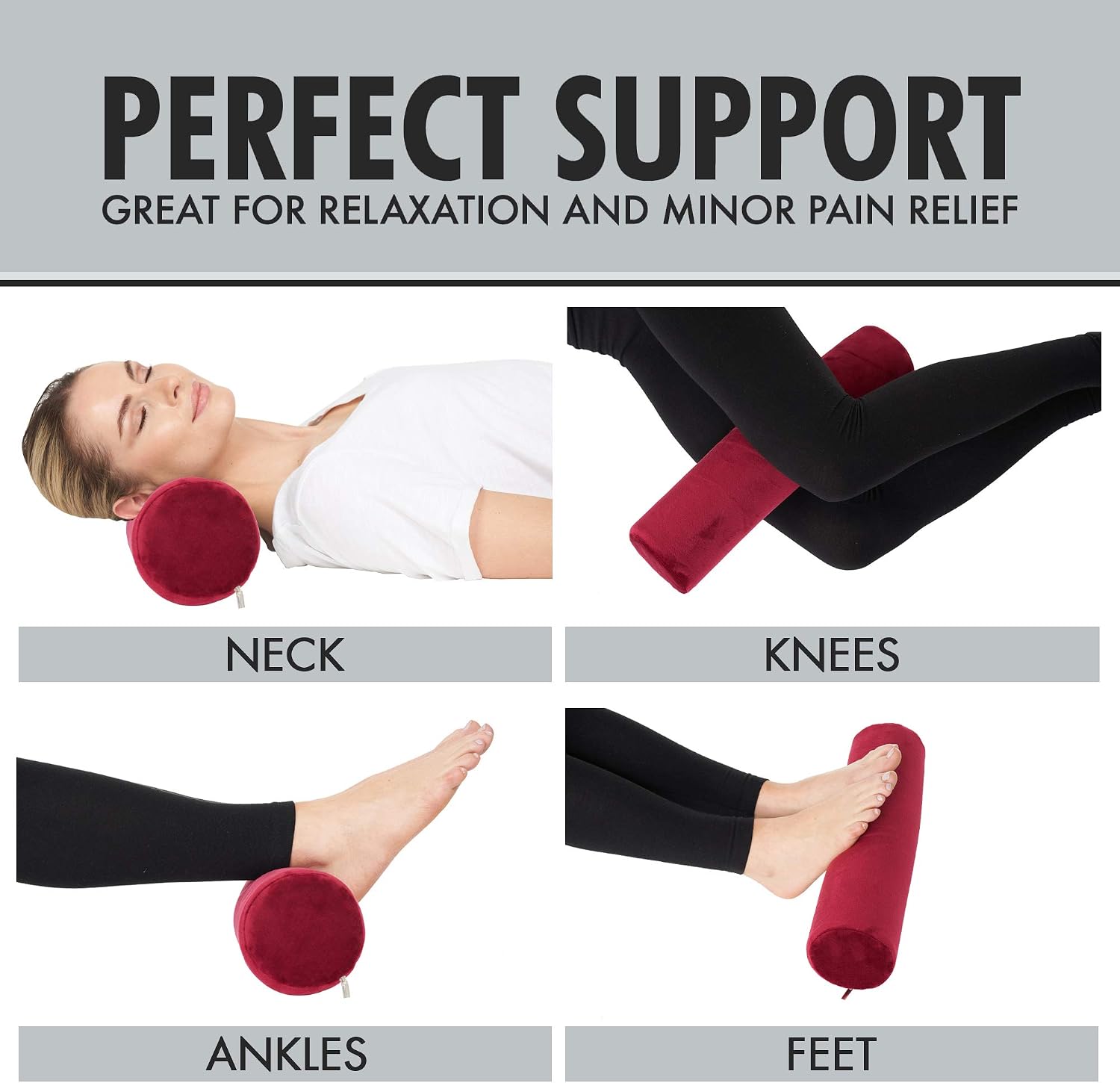 AllSett Health Cervical Neck Roll Memory Foam Pillow, Bolster Pillow, Round Neck Pillows Support for Sleeping | Bolster Pillow for Bed, Legs, Back and Yoga, Burgundy Washabe Cover