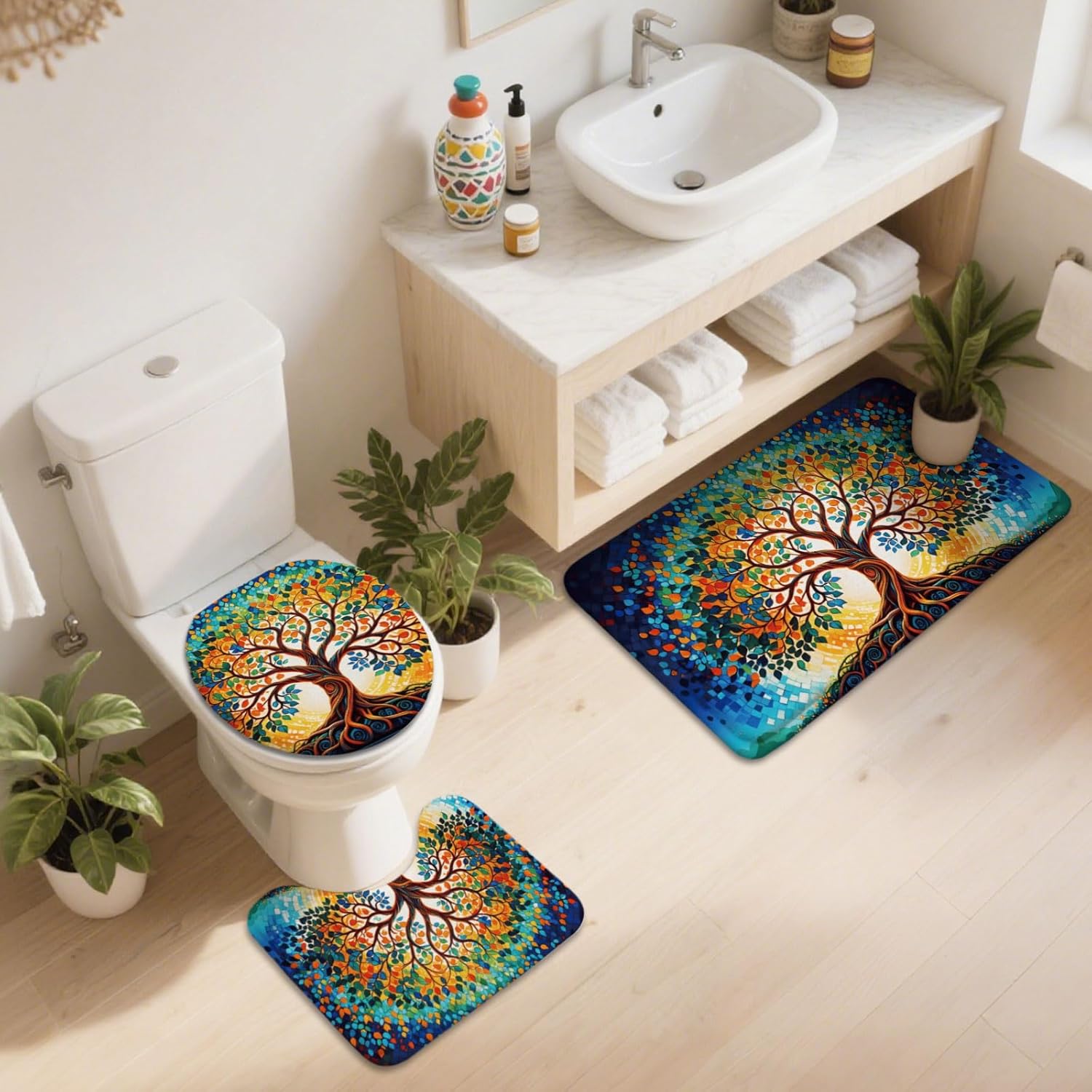 peacoblue Tree of Life Bath Mats for Bathroom Rugs Sets 3Pcs with Toilet Lid Cover, Non Slip Bath Rug and Contour Mats Sets, Washable Toilet Carpet for Bedroom Kitchen Tub Home Decor
