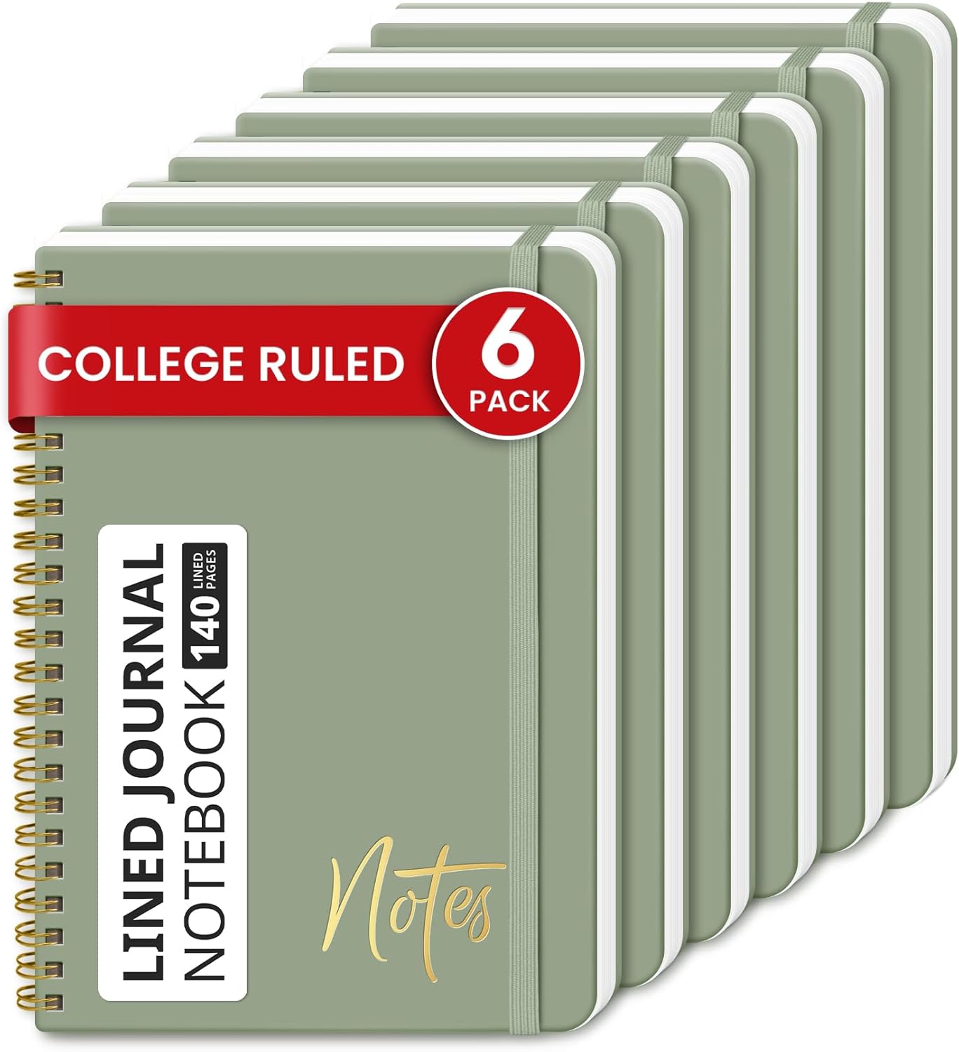 ZOTIA Lined Spiral Journal Notebook for Women, 6 Pack, A5 College Ruled Journals for Writing, Hardcover Notebooks for Work, Note taking and Office School Supplies,140 Pages, 6 Pcs - Green