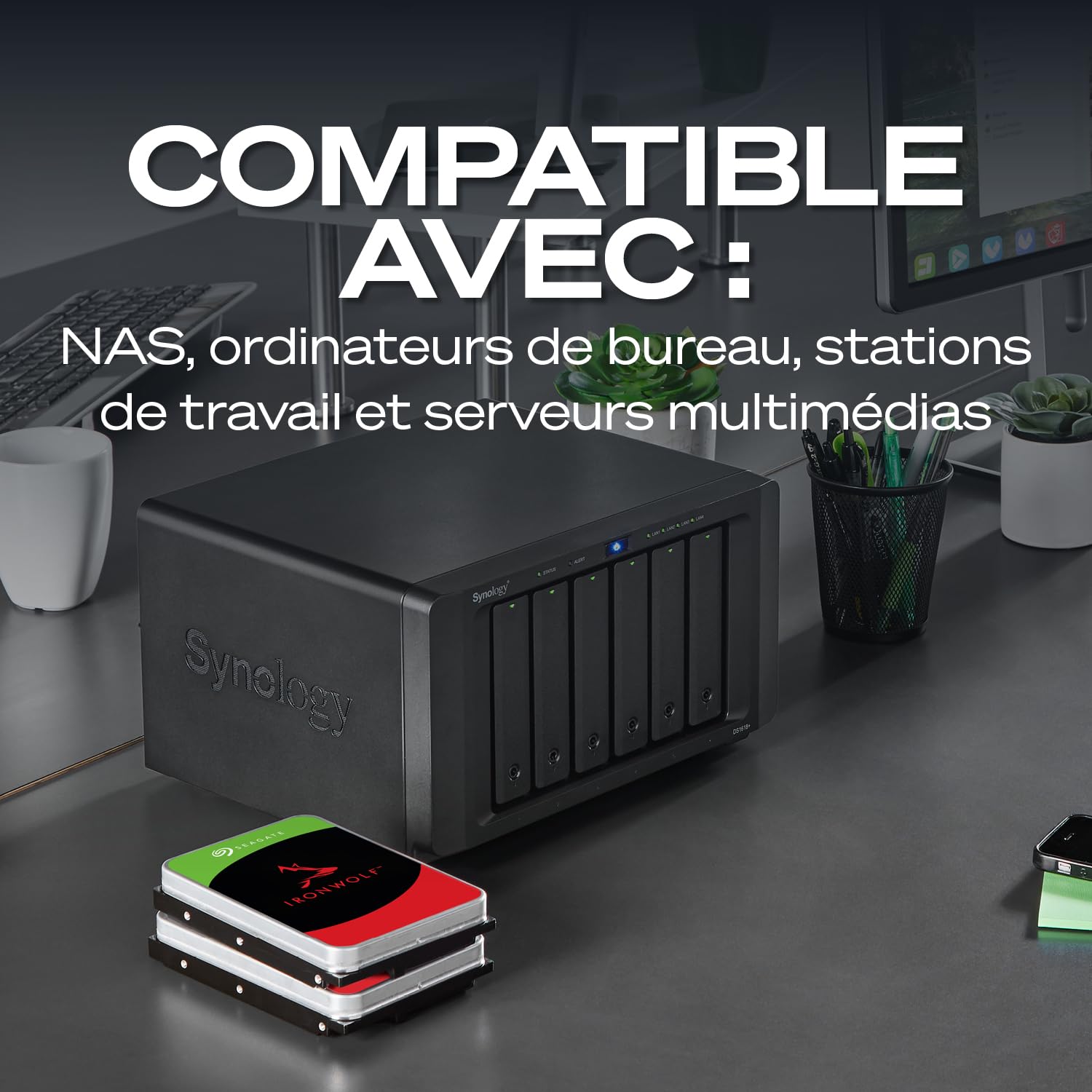 Seagate 4ToIronWolf Disque Dur Interne NAS | SATA 6 Gb/s (ST4000VNZ06) | 5400 tr/min. HDD optimisé NAS 24/7. AgileArray, All-CMR, capteurs RV multi-baies, 180To/an. Garantie 3 ans + Rescue