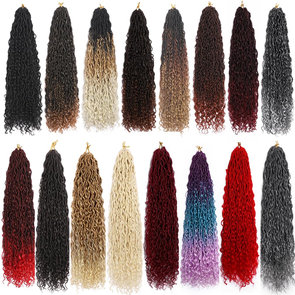 Goddess Locs Crochet Hair Ombre Black to Gray 22 Inch 3 Packs Bohemian Faux Locs Crochet Hair With Curly Ends Pre Looped Hair Extensions 16 Roots/Pack(1B/Gray)