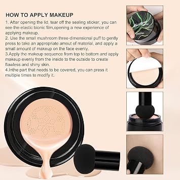 Mushroom Head Air Cushion CC Cream, BB Cream, Moisturizing Concealer, Makeup Base Long Lasting with Mushroom Makeup Sponge, Easy to Apply, Round (Natural)